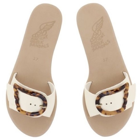 Ancient Greek Sandals Shoes - Ancient Greek Sandals Cream Slide Sandals with Tortoiseshell Buckle